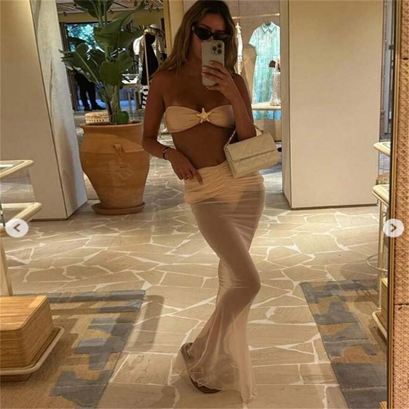 Summer 3 Piece Bikini Sets Strapless Bikini Top With Half Long Skirt Cover Ups Beach Wear Female Biquini Bathing Suit