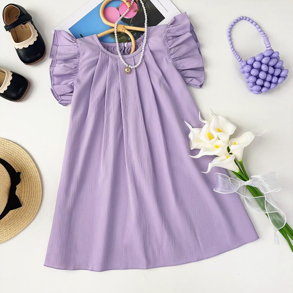 Girls' Small Flying Sleeve Dress 2026 Summer New Style Girls Solid Color Fungus Edge Skirt