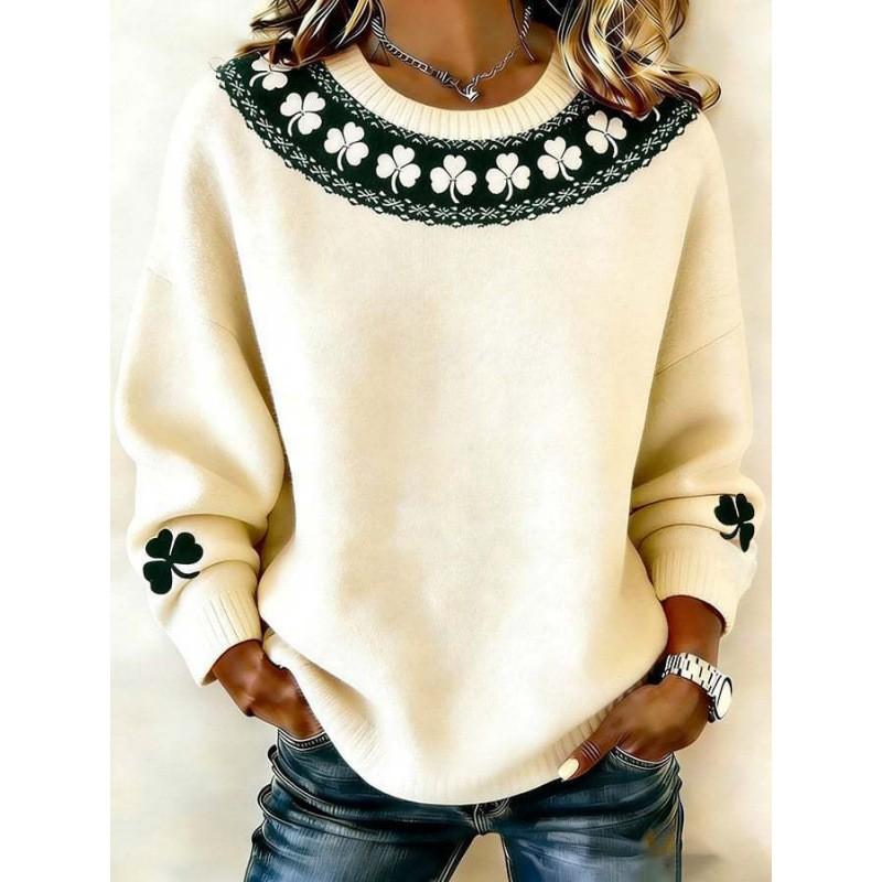 2026 Womens Oversized Knit-Style Crewneck Sweatshirt With 3D Clover Print Thick Warm Streetwear Top