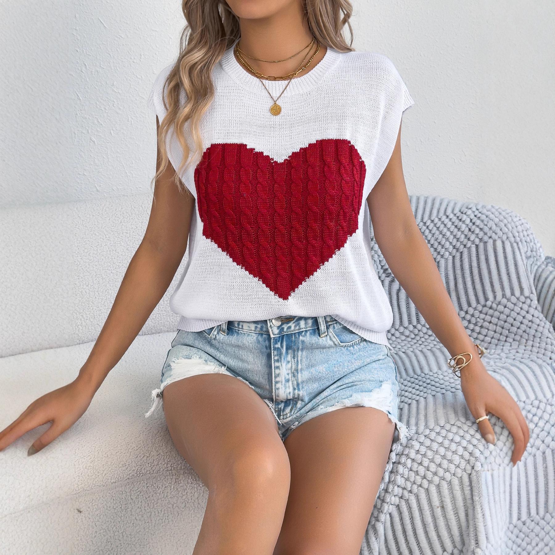 Women Heart Pattern Cable Knit Sleeveless Crew Neck Sweater Vest S белый