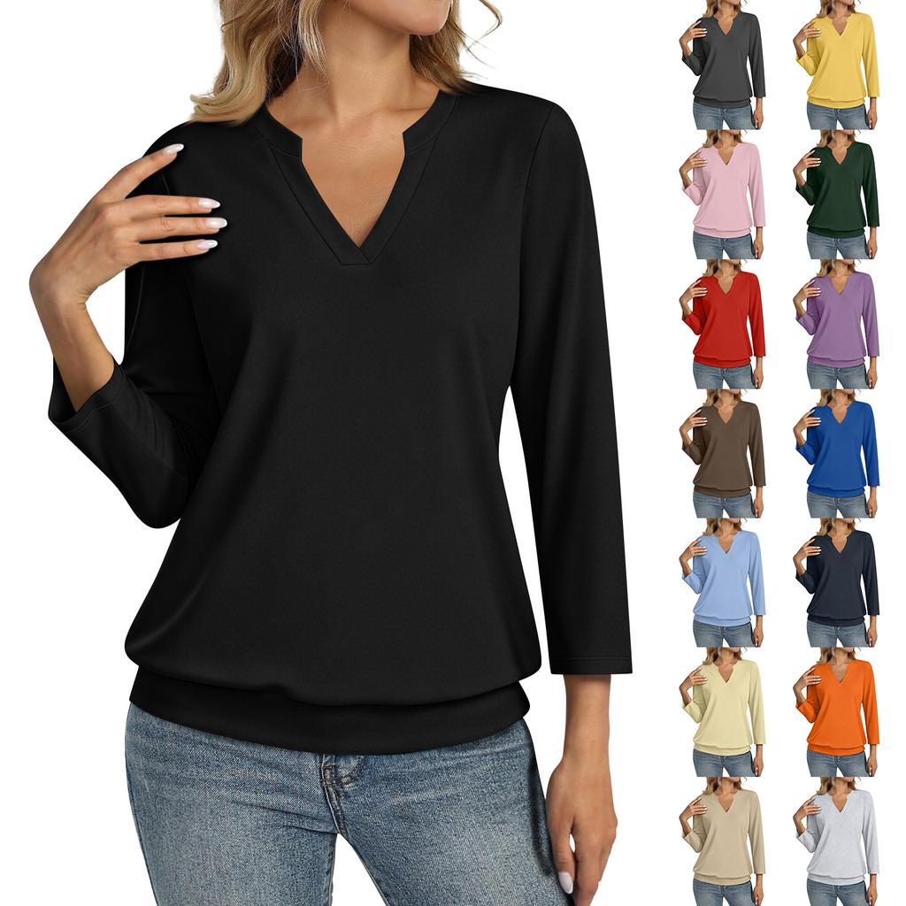 Damska Codzienna Modna Koszulka z Rękawem 3/4 Top z Dekoltem V