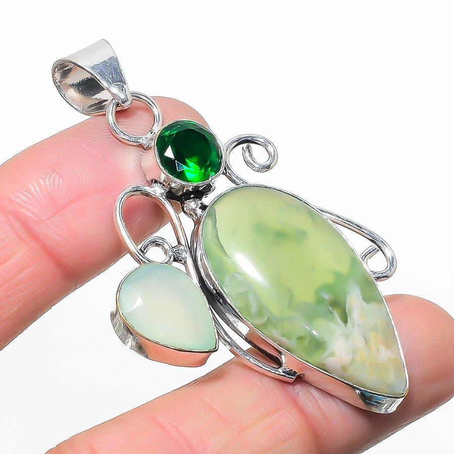 Natural Prehnite, Diopside 925 Sterling Silver Jewelry Pendant 2.44 AP-14550