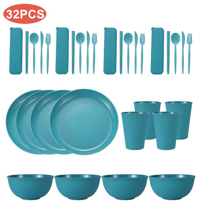 32/36pcs Wheat Straw Cutlery Set Spoon Fork Chopsticks Tableware Picnic Camping Cup Bowl Dish Dinnerware Set Kitchen Accessories