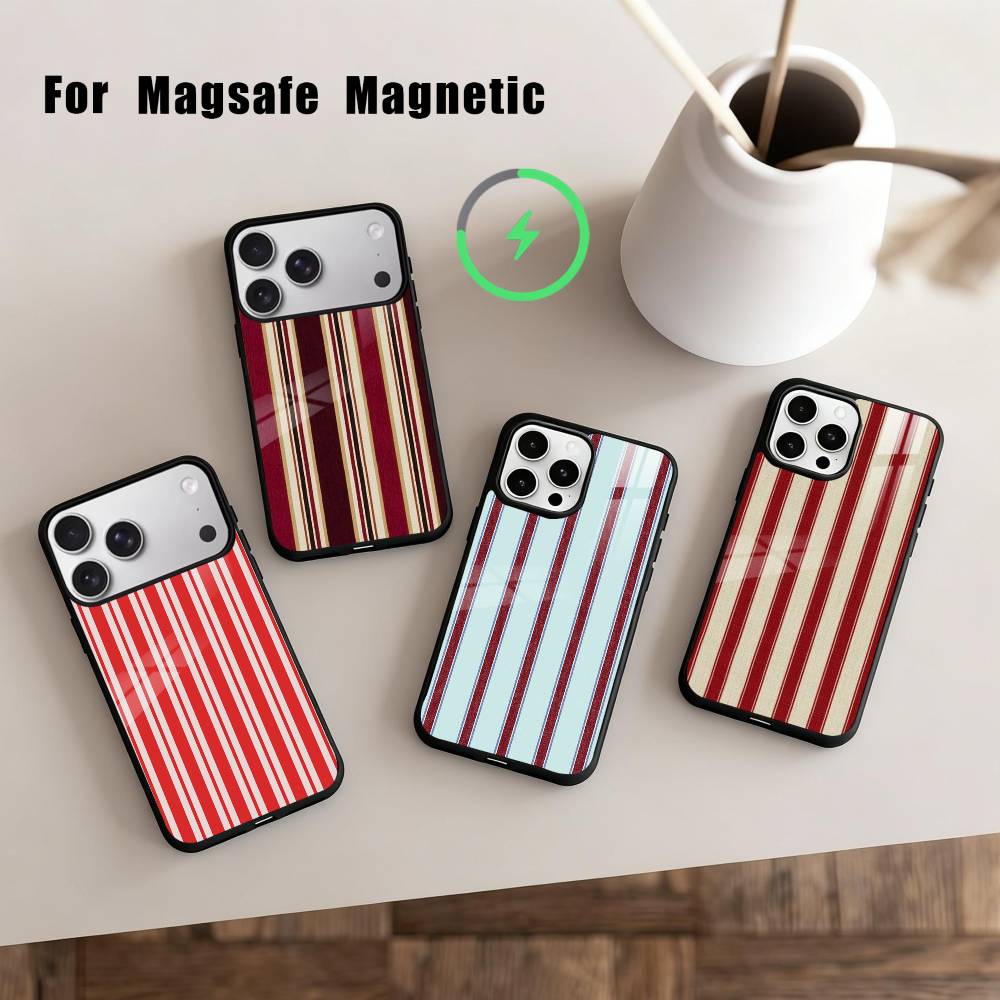 B-Burgundy W-White Stripe Phone Case For iPhone 17,16,15,14,13,12,Plus,Pro,Max for Magsafe Magnetic Wireless Charging