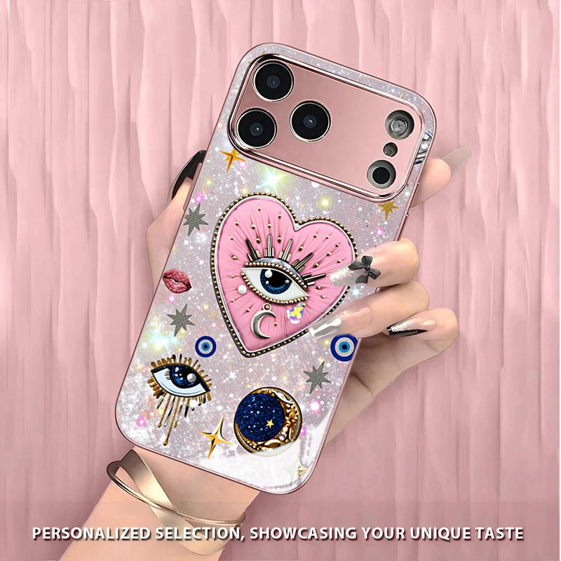 Sparkling Pink Love Eyes Tempered Glass Phone Case for iPhone 17 Pro Max 16 15 14 Plus 11 12 13 Pro Max 16E 17Air Protect Cover