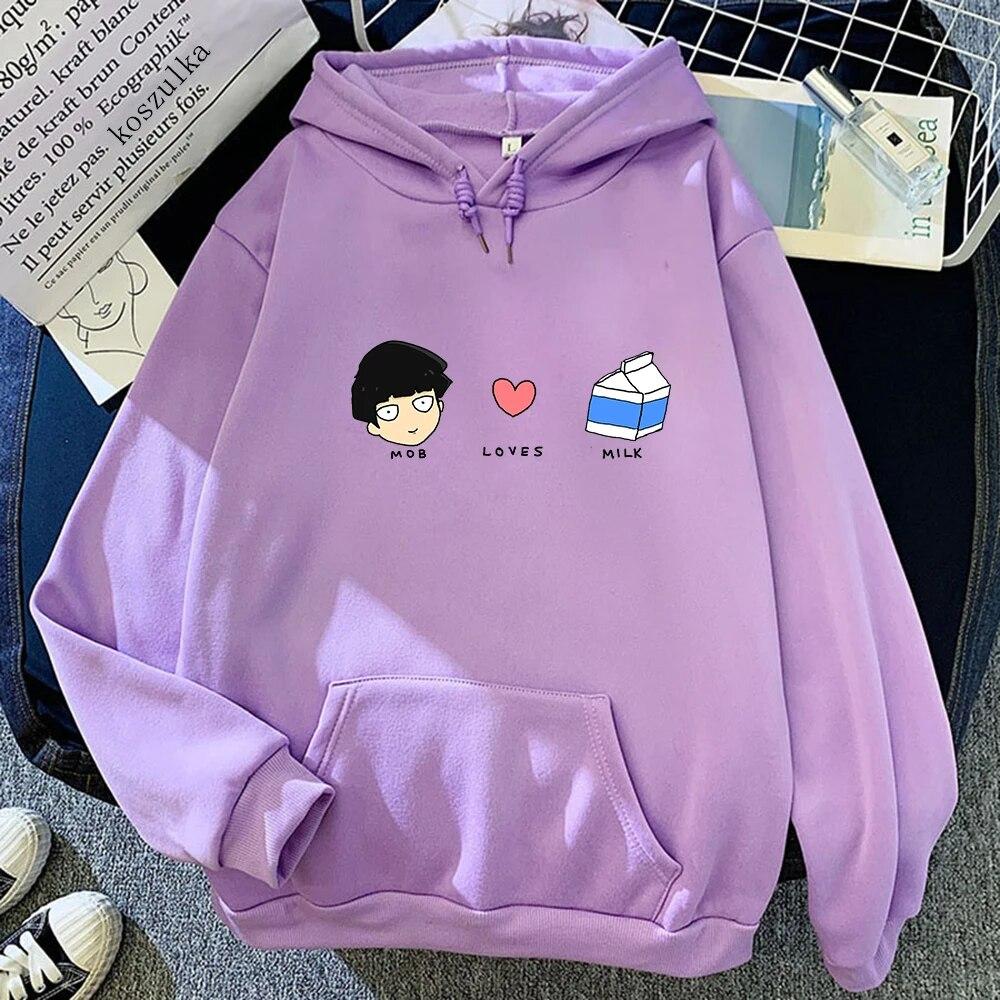 Anime Mob Psycho 100 Mob Loves Milk Hoodies Winter Unisex/women Tops Crew Neck Hoodie Autumn Sweatshirt Vintage Harajuku Sudaderas