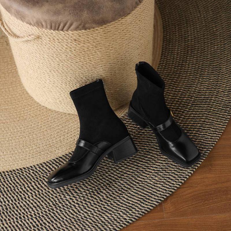 

Корейская версия замшевые эластичные ботинки Мартин однотонные квадратный носок новый средний каблук большой размер женские ботинки осень и зима молния средние ботинки 39
