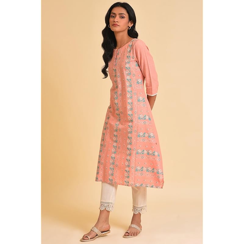 

W for Woman Peach Glitter Printed A-line Kurta_23FEW18649-120097_XS XS персиковий