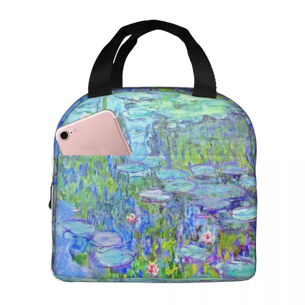 Female Long Water Lilies Claude Monet Insulated Lunch Bag for Women Kids Leakproof Food Boxes Thermal Lunch Box Tote
