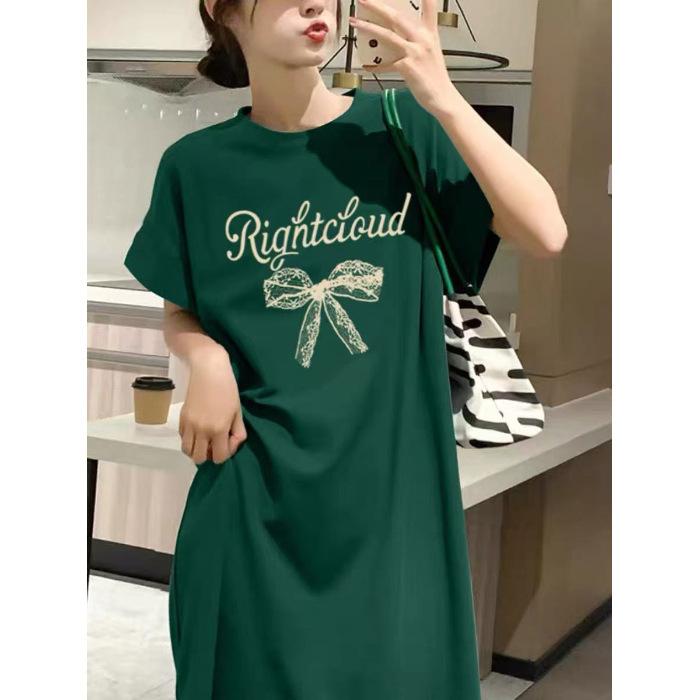 Korean alphabet print casual t-shirt dress women's lazy style loose medium and long knee split lazy skirt