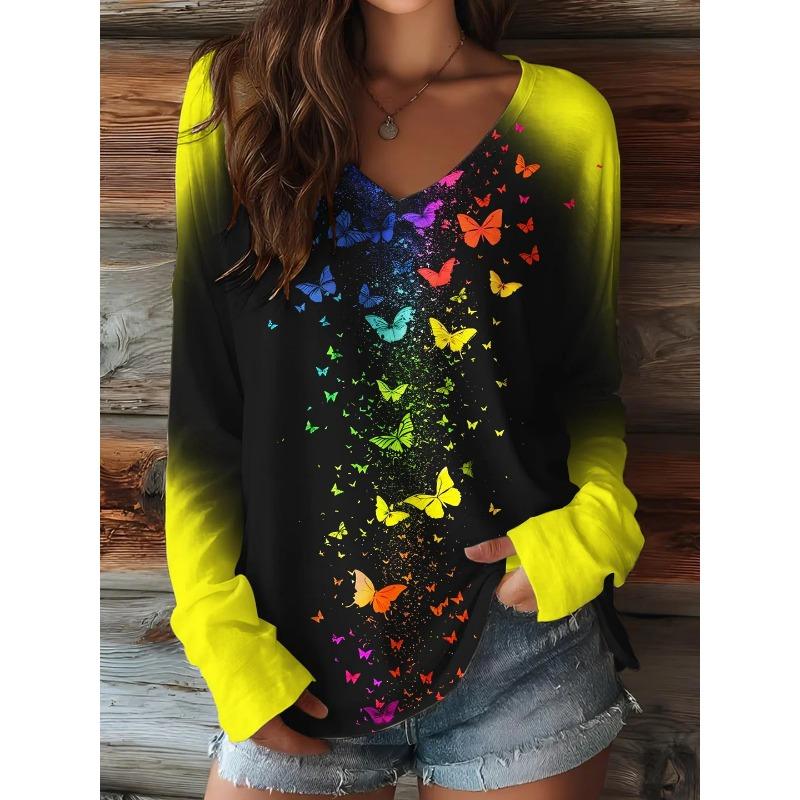 Halloween Pumpkin Ghost Print 3D Graphic Long Sleeve T-Shirt Casual V-Neck Top Polyester Breathable Women's Fashion Apparel