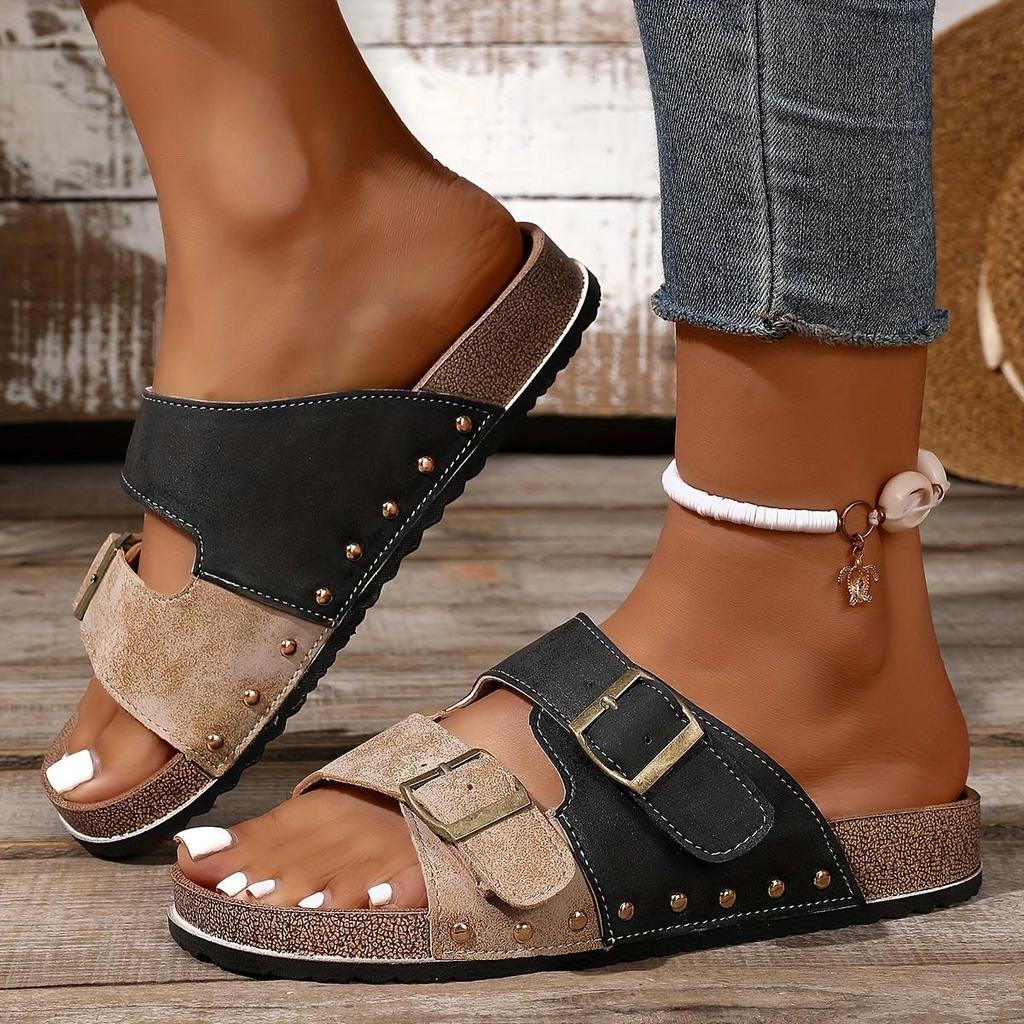 Damen Retro Geometrische Metallschnalle Flache Sandalen Offene Zehen Sommer Strand Schuhe Damen Hausschuhe