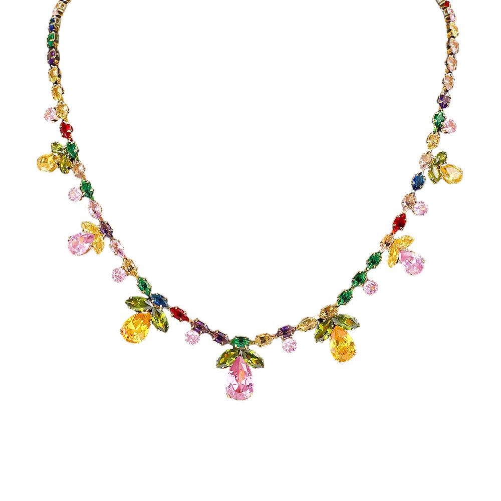 High quality light luxury fashion atmosphere color zircon flower water drop pendant earrings necklace set fresh and sweet jewelry