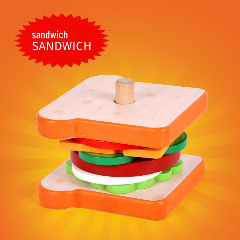 Wooden Play Food Set: Burger, Fries, Sandwich - Educational Assembly & Cutting Toy for Kids