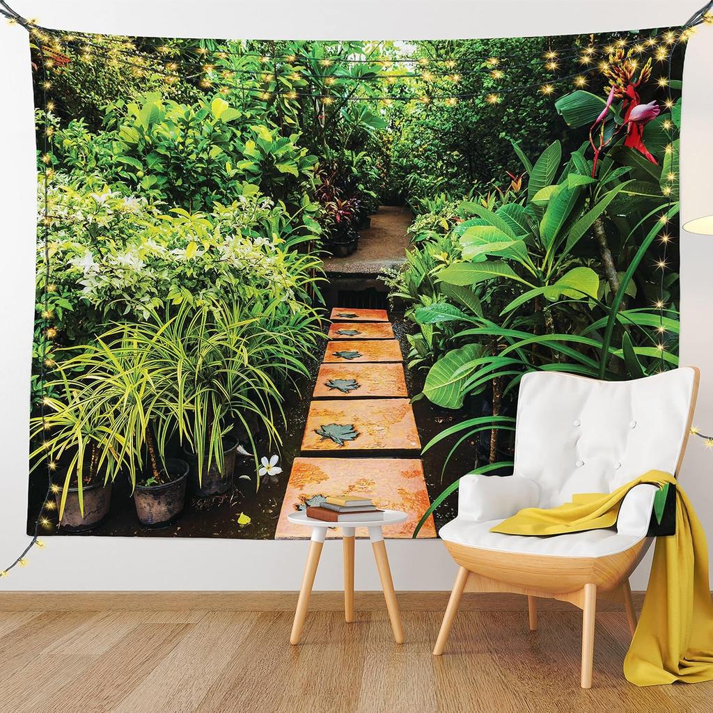 Fall Tapestry, Vibrant Misty Day in Forest Sun Rays Trees Foliage Fallen Leaves Calm View, Wide Wall Hanging for Bedroom Living