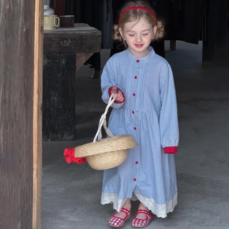 2025 Spring Korean Retro Plaid Knee-Length Dress with Buttons for Girls