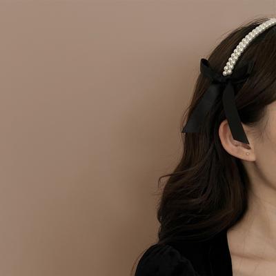 French Pearl Bow Headband Black High End Retro Hepburn Headband for Women