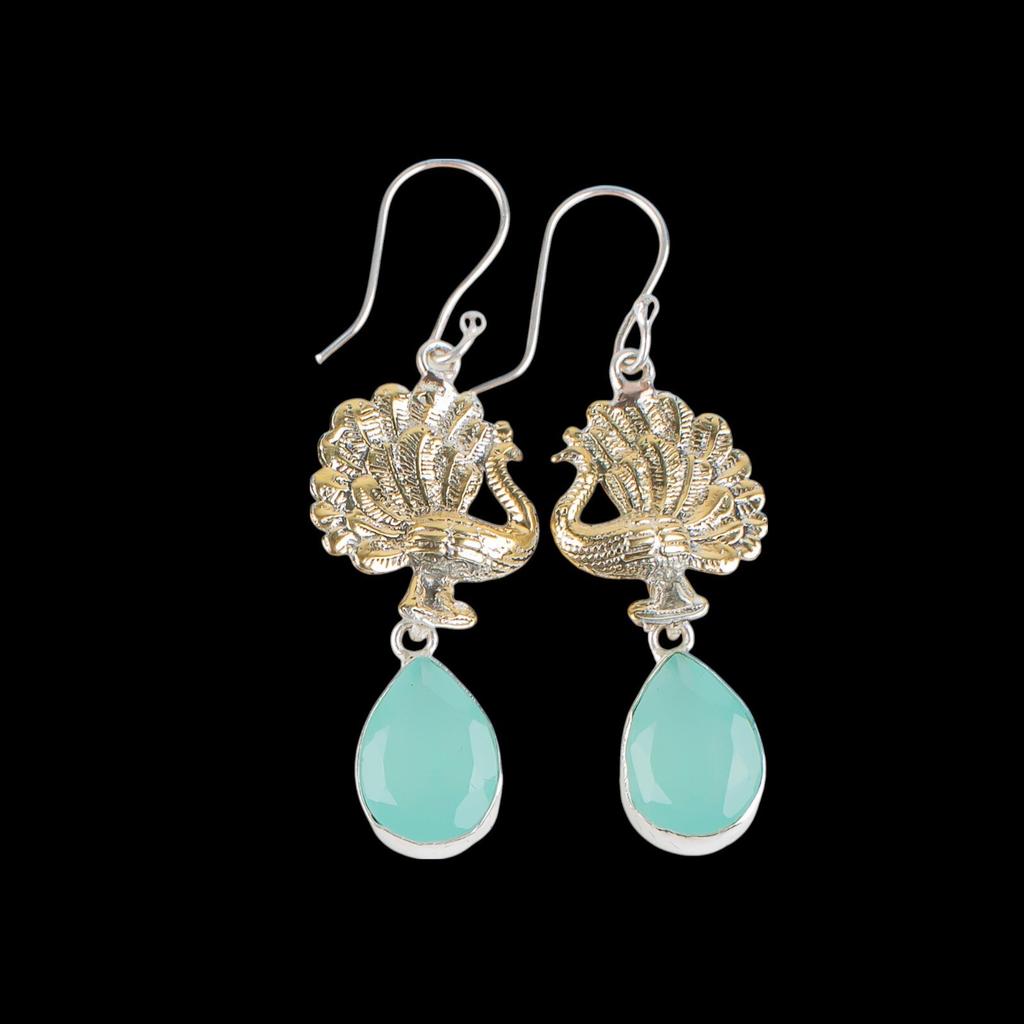 Aqua Chalcedony Gemstone 925 Sterling Silver Jewelry Handcrafted Earrings 2.20" EE-44-17