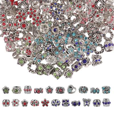 10pcs Colorful Antique Silver Rhinestone Spacer Beads Large-Hole Crystal Glass European-Style Beads for DIY Snake Chain Jewelry