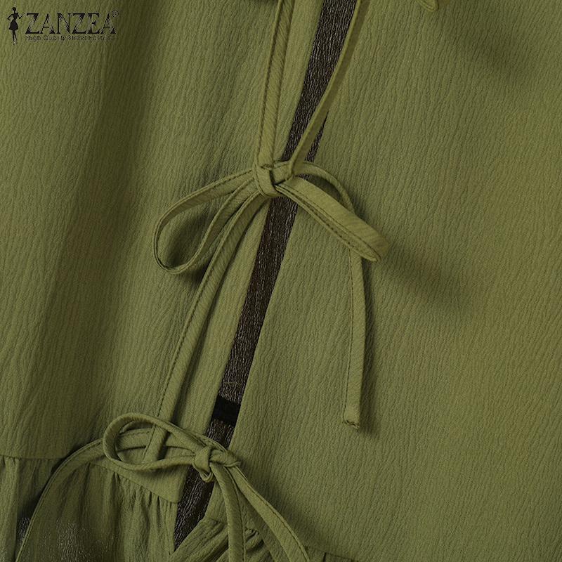 ZANZEA Women Summer Round Neck Long Sleeve Tie Blouse A-Line Skirt Sets