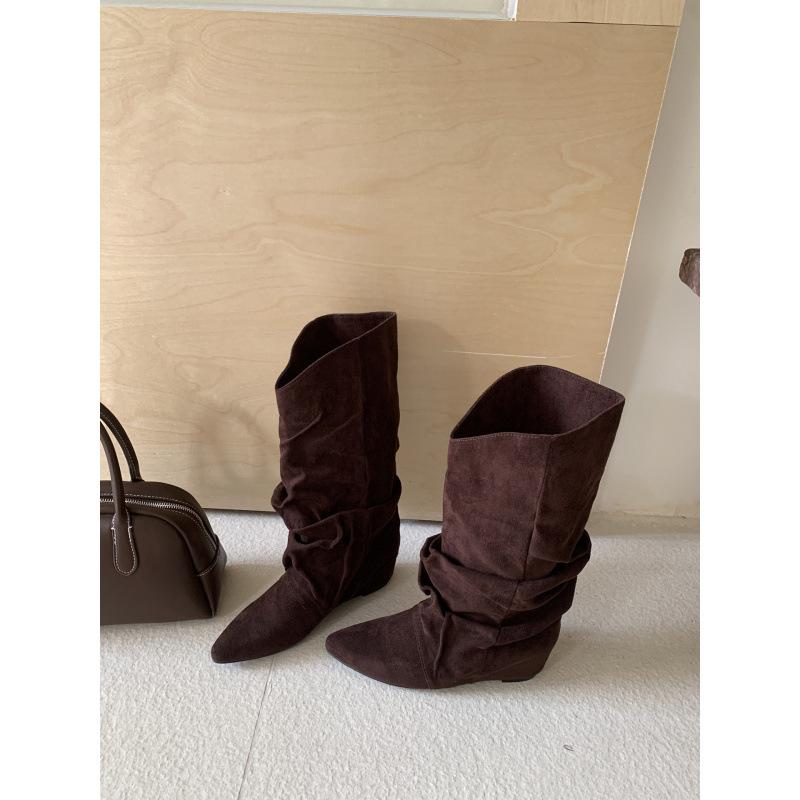 

Inner height increase 2025 autumn and winter new suede pleated piled boots wedge heel middle heel pointed boots long boots high heels 39 тёмно-рыжий