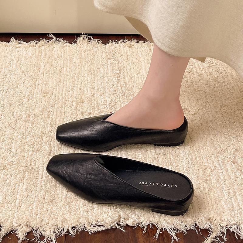 Silver rear empty bag head half slippers women's summer wear low heel retro square head inner height increase Mary Jane cool slippers