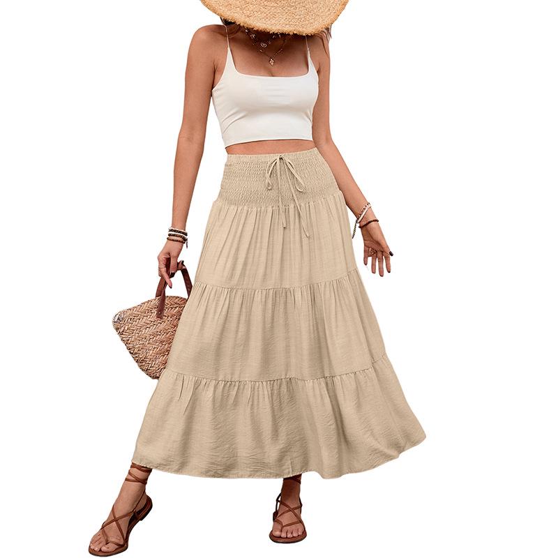 Summer 2025 Europe Cross-border Casual Long Elastic Waist Skirt with Drawstring