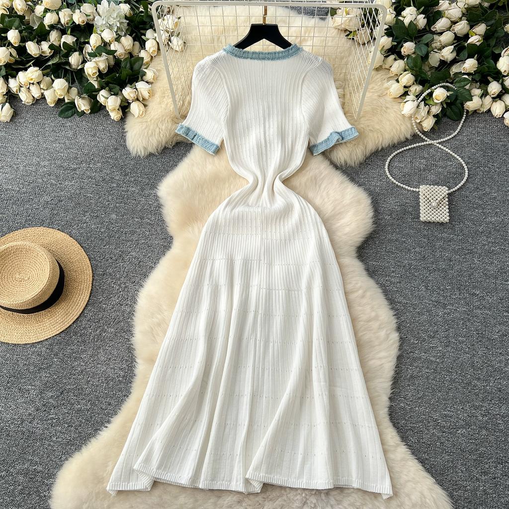 Summer Women Elegant Short Sleeve Denim Patchwork Knitted Sweater Long Midi Party Dresses