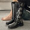 Fashion Brown Black Knee High Boots for Women 2025 Autumn Winter Leather Western Cowboy Long Knight Boots Buckle Straps Mid-Calf Botas