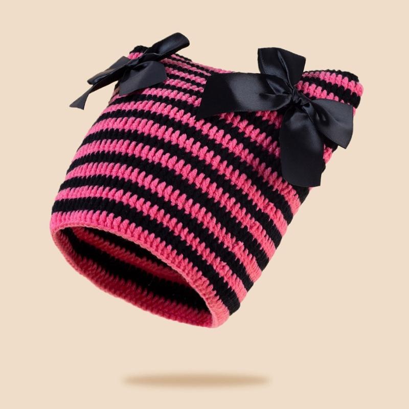 Crochet Stripe Pattern Hat Handmade Cat Ear Hat Winter Warmer Knitted Hat Cold Winter Presents for Students Teenagers