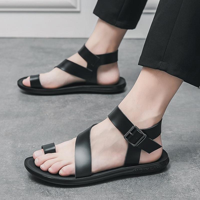 Summer New Men Gladiators Black White Punk Rock Patent Leather Casual Shoes Breathable Beach Sandals Outdoor Slippers Plus Size