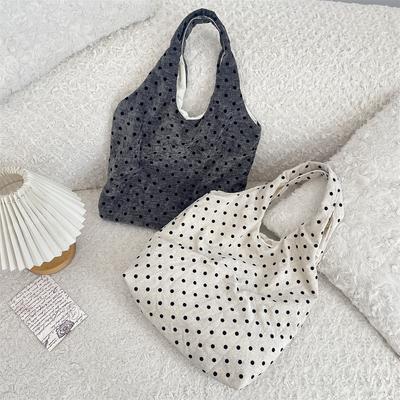 1 Polka Dot Canvas Bag Women's New Large-capacity Velvet Shoulder Bag Simple Casual Commuter Bag Women