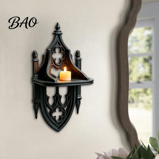 Gothic Bedroom Decor Wall Shelf, Vintage Floating Shelf for And Living Room, Matte Black Pointed Arch Decorative Wall-Mounted Display Rack with