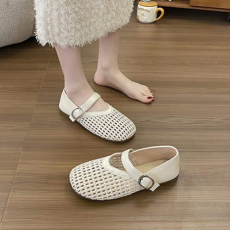 Hollow Fishing Net Crocheted One-word Strap Single Shoes Women's 2025 New Round Head Flat-soled Ballet Shoes Woven Mary Jane