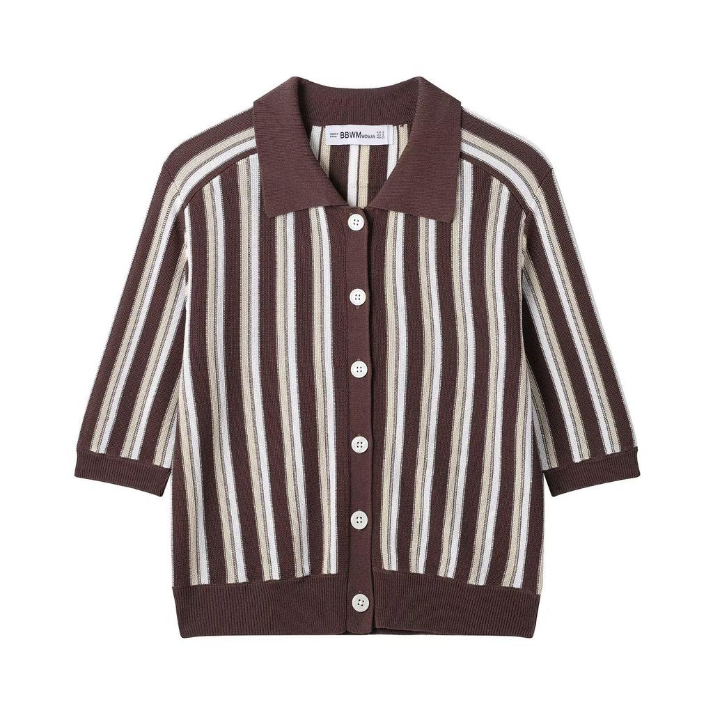 Spring 2025 Women's European & American Striped Knit Polo Cardigan