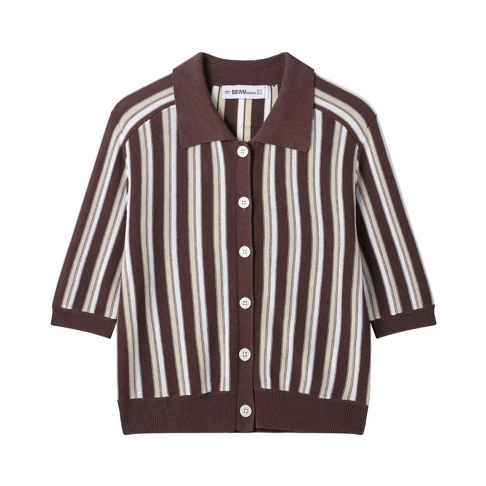 

2025 Summer European & American Striped Knit Polo Jacket Medium