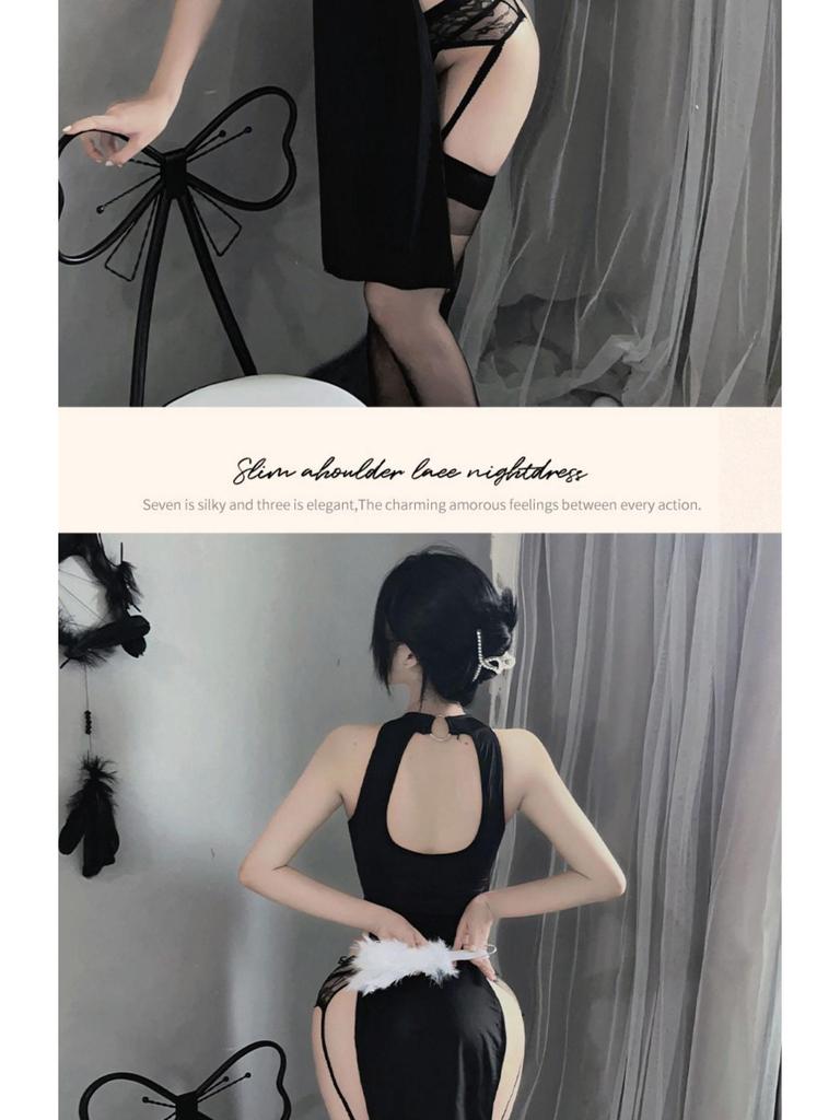 770 Plus Size Sexy Lingerie Slit Cheongsam Dress - Buttock-Revealing Summer Pajamas for Women, High Elasticity, Ideal for Roleplay