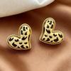 Silver Needle Water Drop Heart Earrings: Retro Hong Kong Style, Light Luxury, Leopard Print Studs