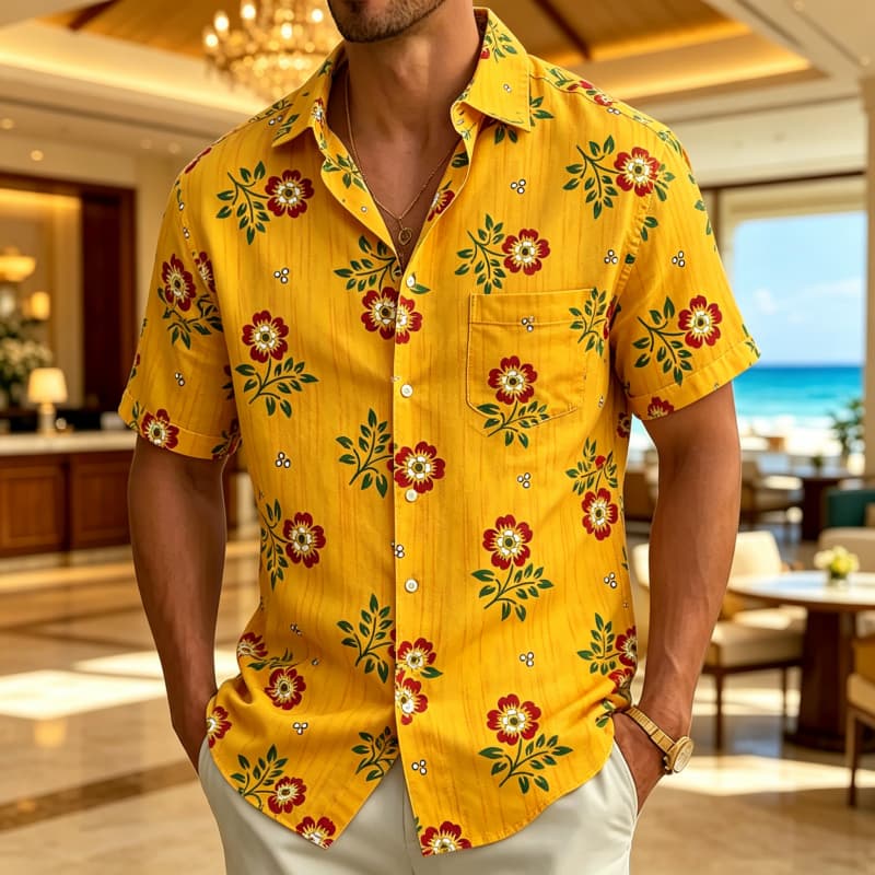 Men's Fresh Floral Print Short Sleeved shirt, With A Fresh Artistic style, Suitable For Summer Daily Life And Beach Vacations