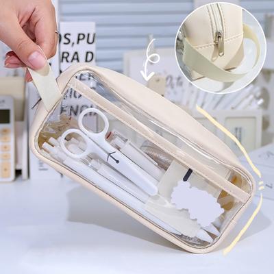 Pencil Case Large Capacity Transparent Visible Waterproof with Handle Minimalist Middle And High School Student Stationery Box Daily Use