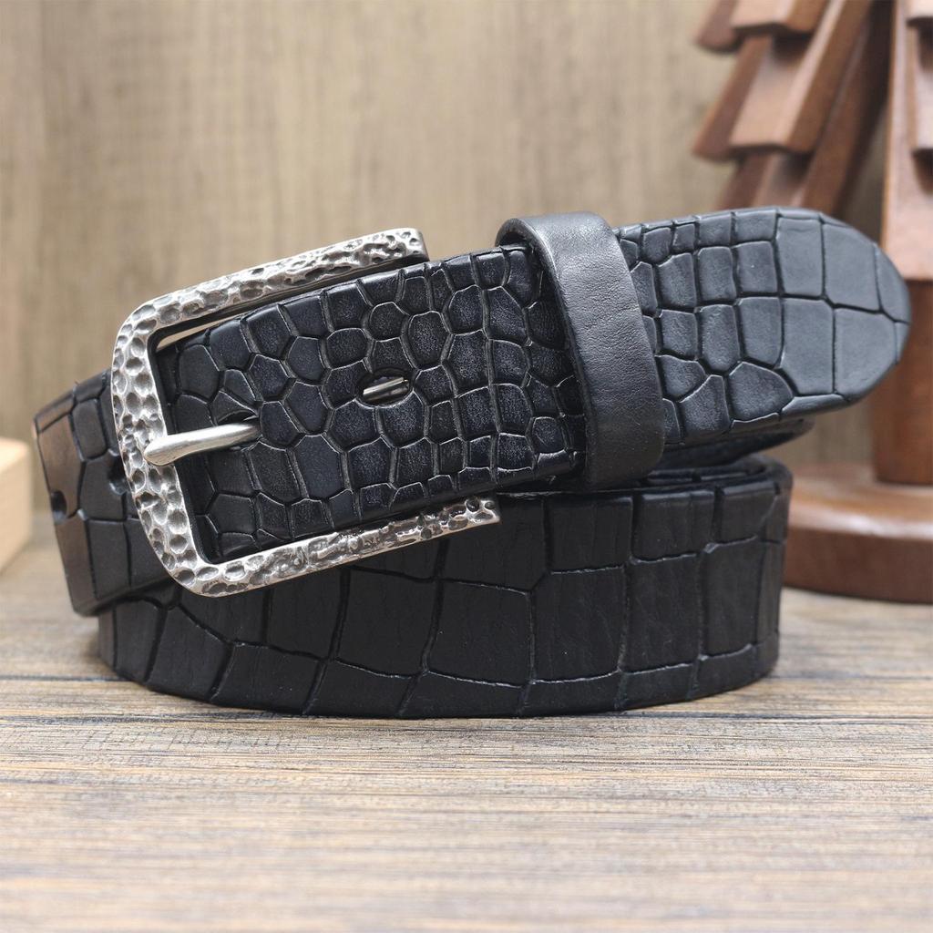 Retro Crocodile Grain Leather Belt for Men – Versatile Genuine Cowhide with Pin Buckle, Stylish for Mid-Aged and Youth Trousers.