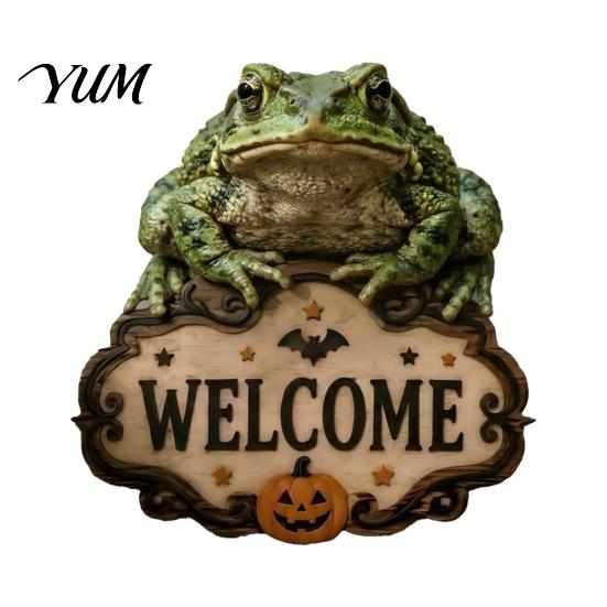 Entrance Door Ornament Halloween Wooden Welcome Sign, Spooky Skull Frog Crow Witch Hanger, Festive Holiday 2D Wall Hanging Sign for Home Party