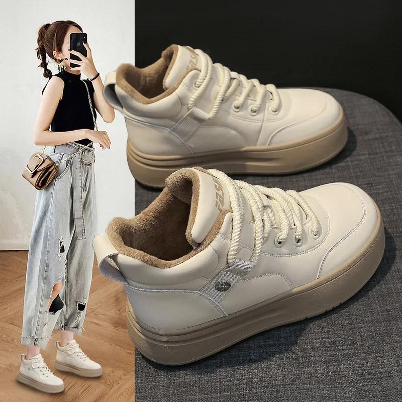 Fashion Women's High Top Vulcanized Shoes Autumn Winter Lace Up Soft Leather Plus Velvet Warm Cotton Shoes Thick Sole Leisure Sneakers