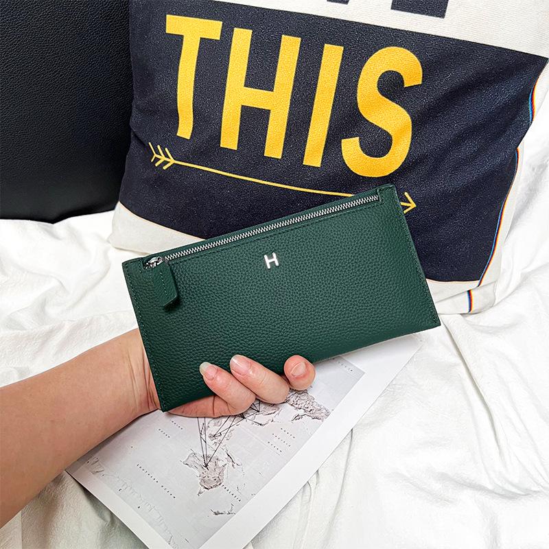 Women's Ultra-Thin Genuine Leather Wallet 2025: Top Grain Cowhide Clutch with Phone & Card Holder, Simple Zipper Design