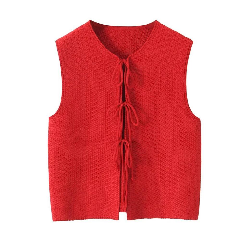VEZFAA Women's Fashion Casual Summer Spring Solid Color Print Sleeveless O-Neck Sweaters