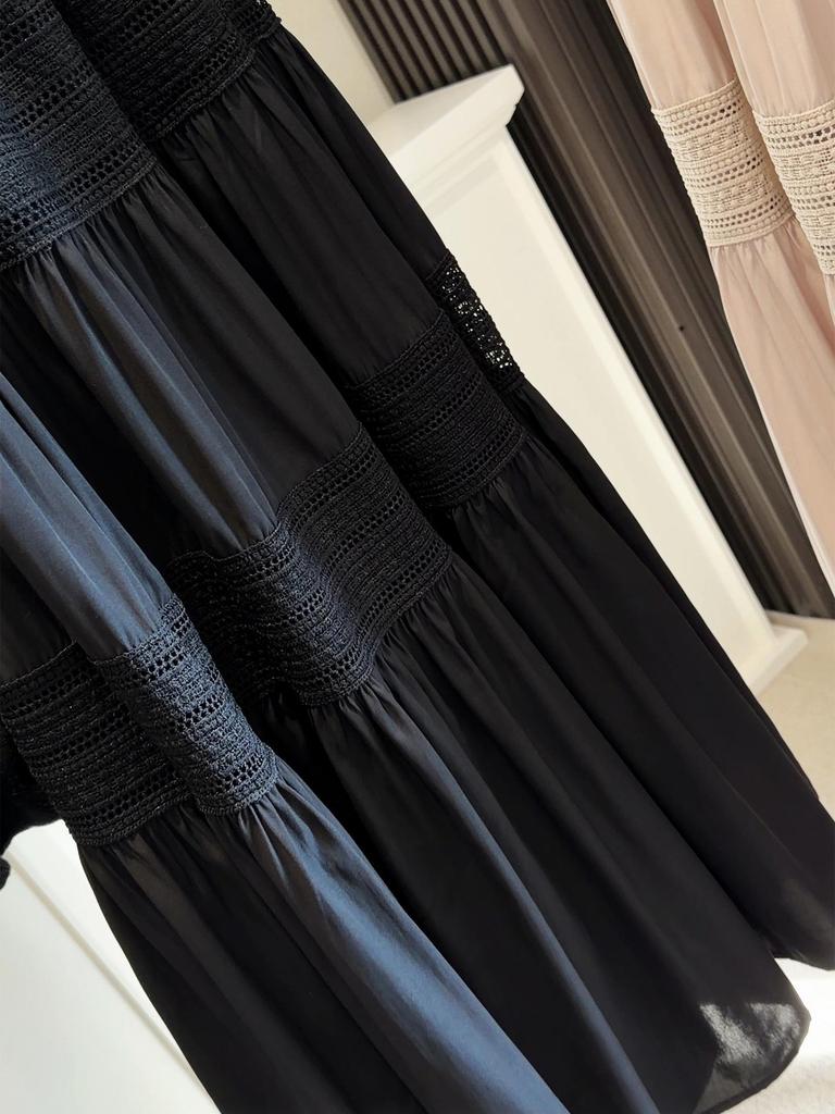 Elegant High-Waisted A-Line Lace Patchwork Over-the-Knee Skirt for Women's Autumn.