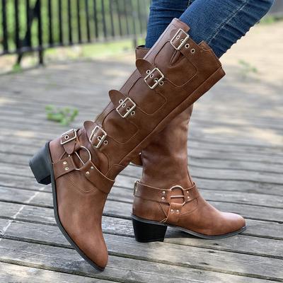 Fashion Fashion Buckle Knee High Boots for Women Winter Square Heels Western Long Boots Woman Black Pu Leather Punk Gothic Booties