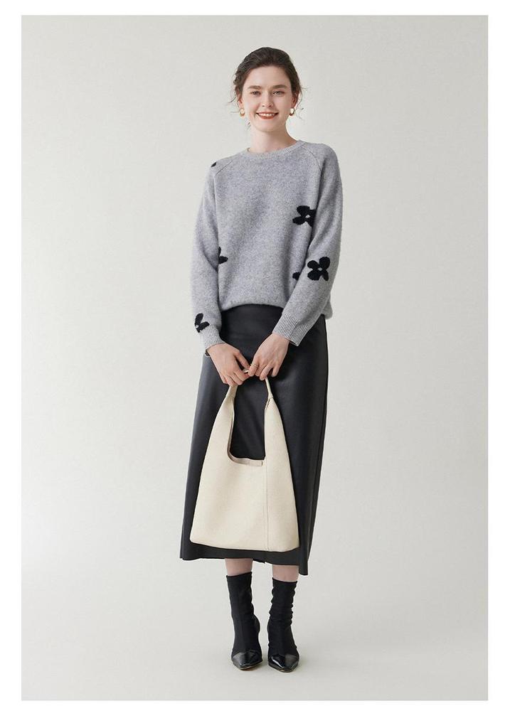 Lekasha Women's Embroidered Cashmere Knit Sweater - Warm, Versatile, Round Neck, Long Sleeve for Autumn/Winter