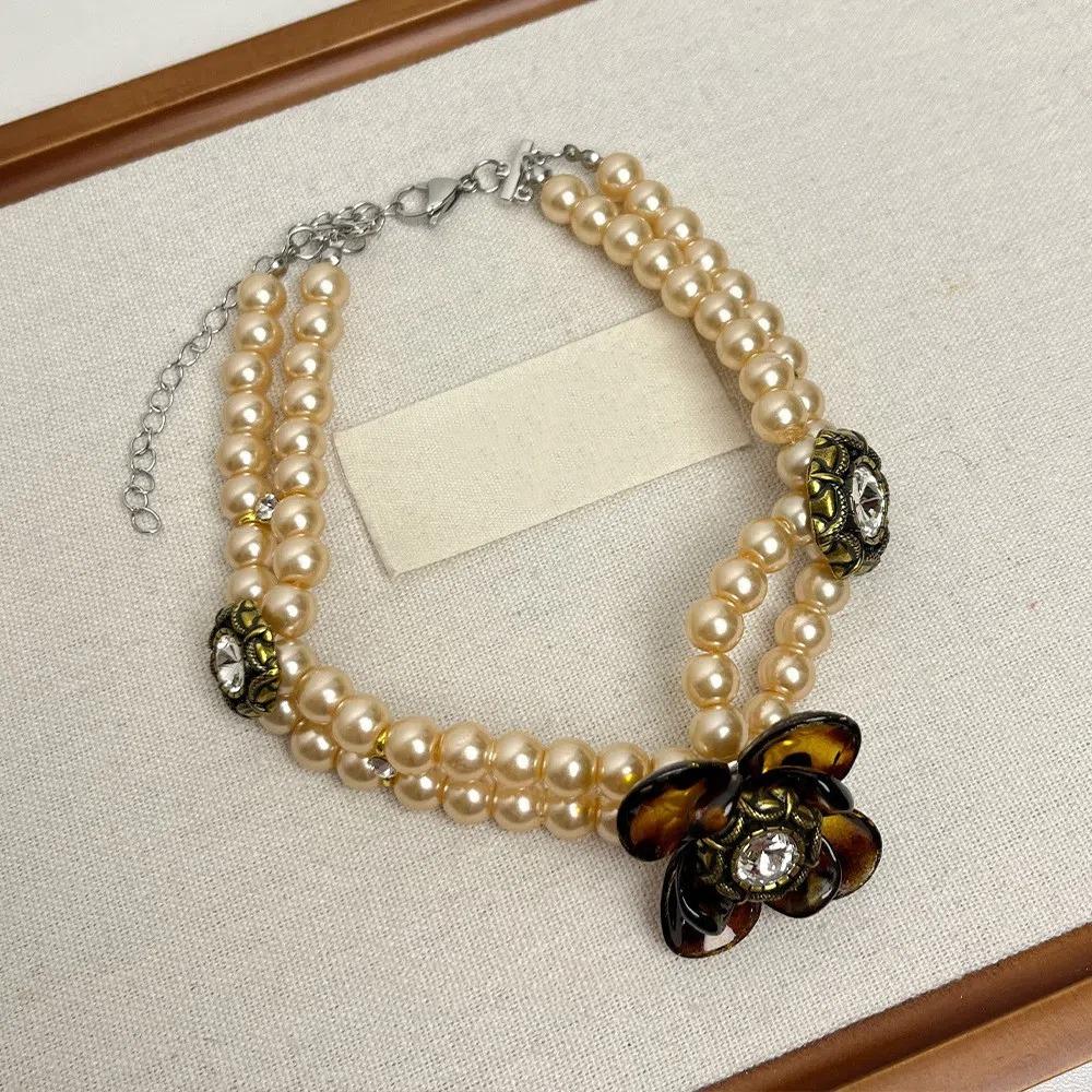 Rhinestone Pearl Beaded Choker Vintage Clavicle Chain Temperament Flower Heart Necklace  Gift