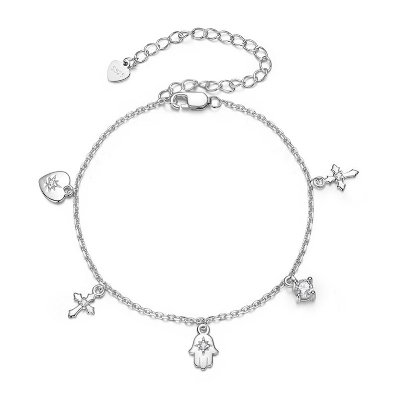 WOSTU 925 Sterling Silver Hamsa Hand of Fatima Cross Charm Bracelets ,Women Hexagram Zircon Chain Link Women Holiday Lucky Gift